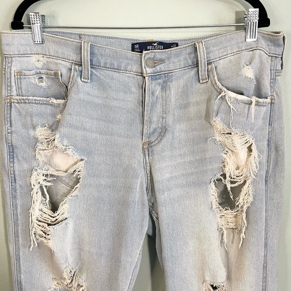 HOLLISTER Women's Blue Distressed Low-Rise Cropped Boyfriend Denim Jeans Size 15 - Picture 3 of 10